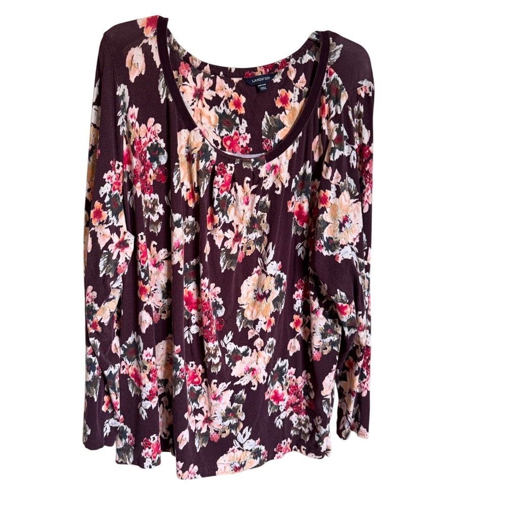 Lands End Floral Top Women 3X Plum Purple Long Sleeve Scoop Neck Casual Cozycore